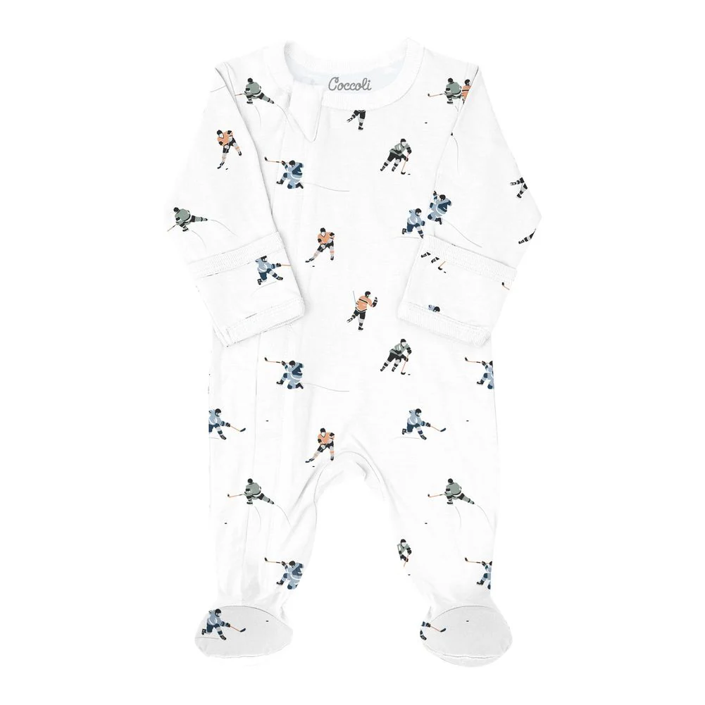 Coccoli Cotton-Modal Zippered Footie Sleeper - Hockey Players on Cream - Image 6