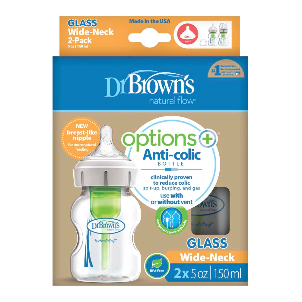 Dr. Brown's Anti-Colic Options+ 2-Pack Wide Neck Glass Baby Bottles - 5oz - Image 2