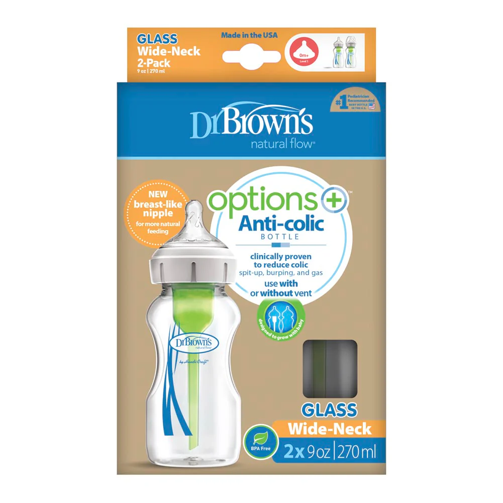 Dr. Brown's Anti-Colic Options+ 2-Pack Wide Neck Glass Baby Bottles - 9oz - Image 2