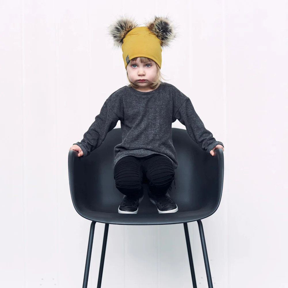 Lox Lion Double Pom Pom Bamboo Beanie - Mustard (XS, 0-3 Months) - Image 3