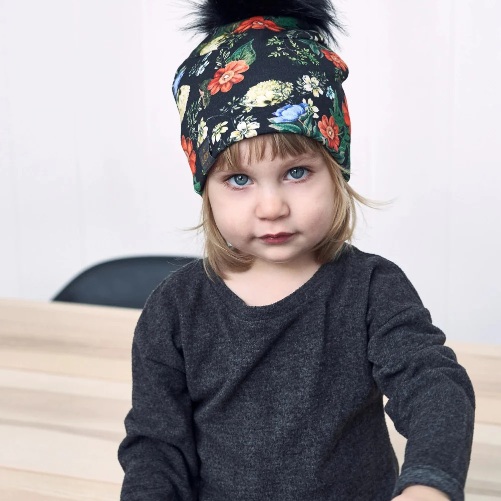 Lox Lion Single Pom Pom Bamboo Beanie - Floral (SM, 4-12 Months) - Image 2