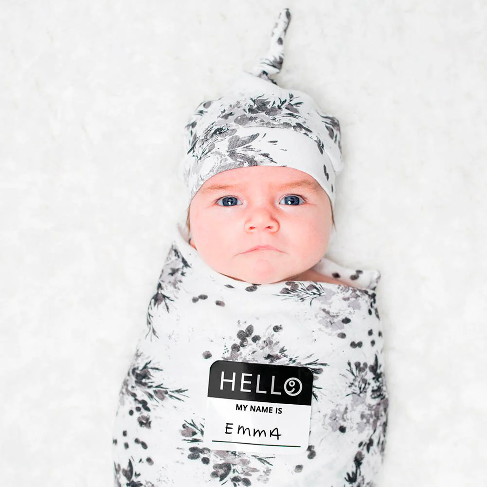 Lulujo Hello World 2-Piece Muslin Swaddle and Hat Gift Set - Black Floral - Image 4