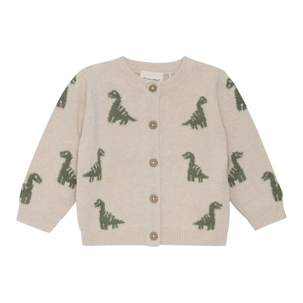 Minymo Organic Cotton Knit Cardigan - Dinos on Light Beige Melange - Image 10
