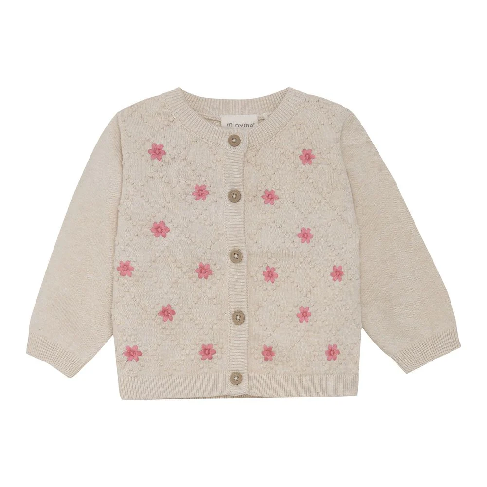 Minymo Organic Cotton Knit Cardigan - Flowers on Light Beige Melange - Image 10