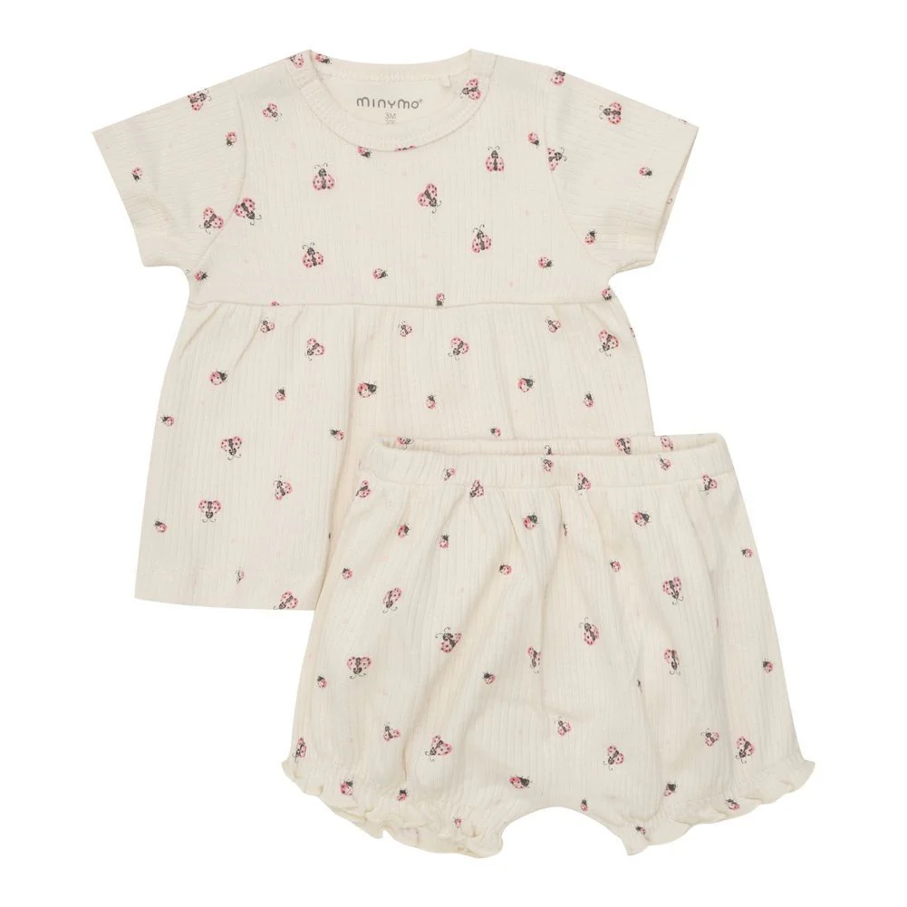 Minymo Ribbed Short-Sleeve Shirt with Shorts Set - Pink Flowers/White Swan - Image 8