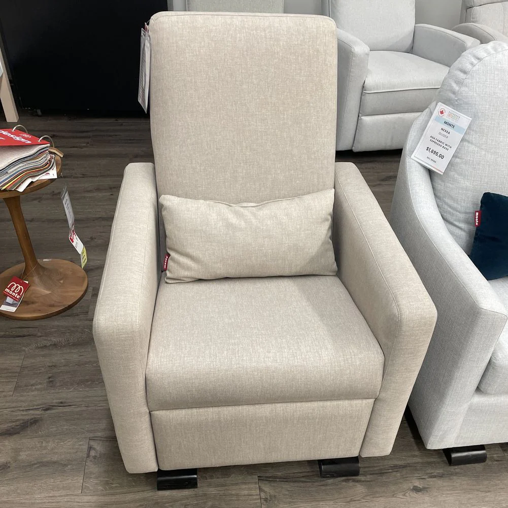 Monte Grano Glider Recliner with Matching Pillow - Sand Fabric with Espresso Base (Floor Model) - Image 3