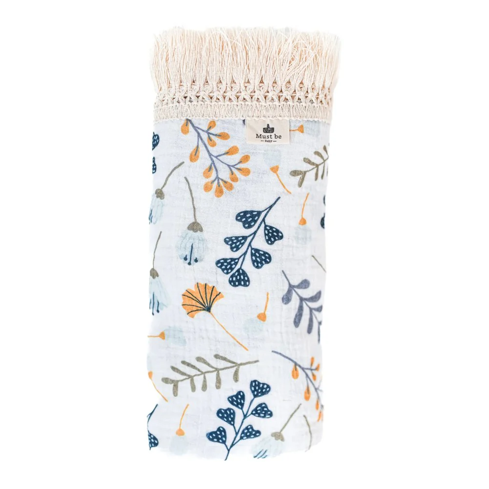 Must Be Baby Organic Cotton Muslin Blanket with Fringes - Crystal