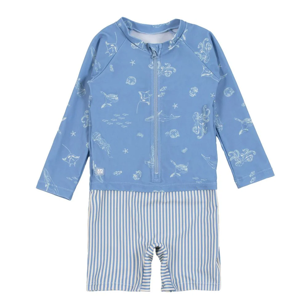 Nano One-Piece Rashguard Boys Swimsuit (UPF 50+) - Pale Blue Stripes - Image 4