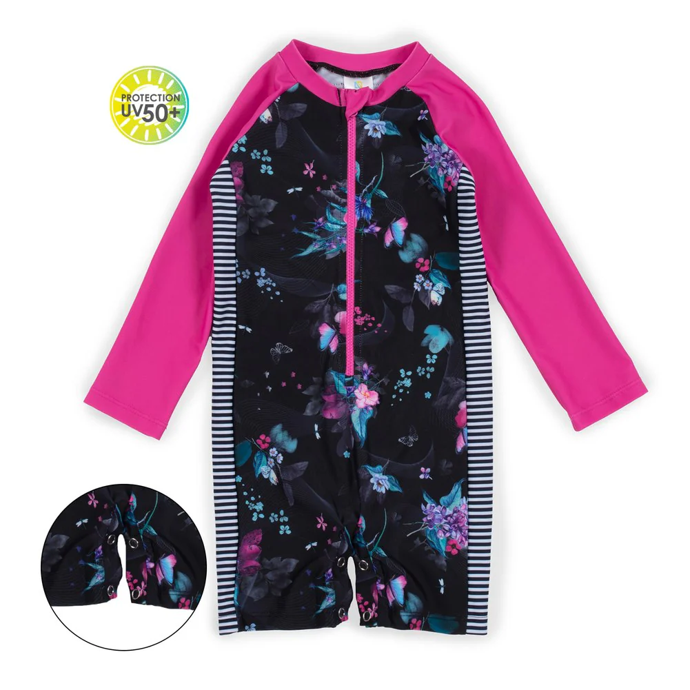 Nano One-Piece Rashguard Girls Long-Sleeve Swimsuit - Black/Fuchsia (18-24 Months) - Image 2