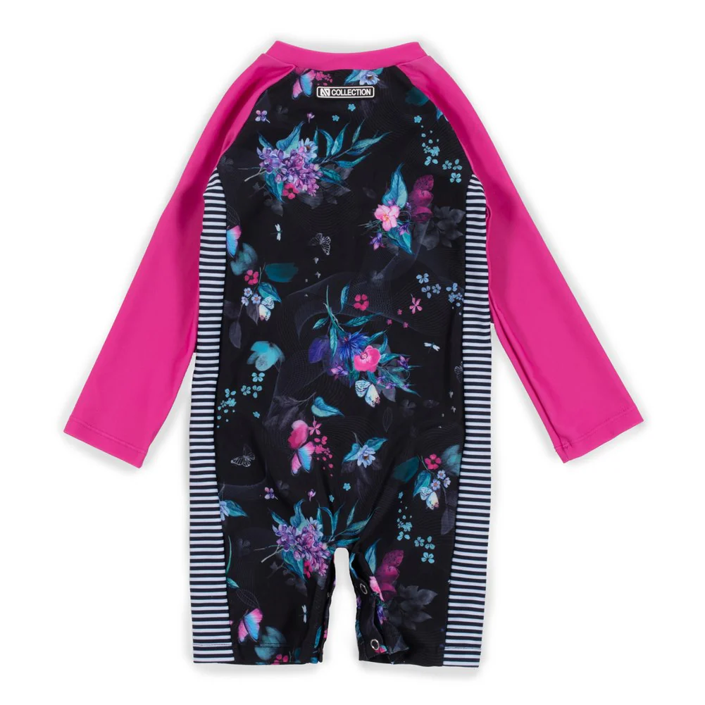 Nano One-Piece Rashguard Girls Long-Sleeve Swimsuit - Black/Fuchsia (18-24 Months) - Image 3