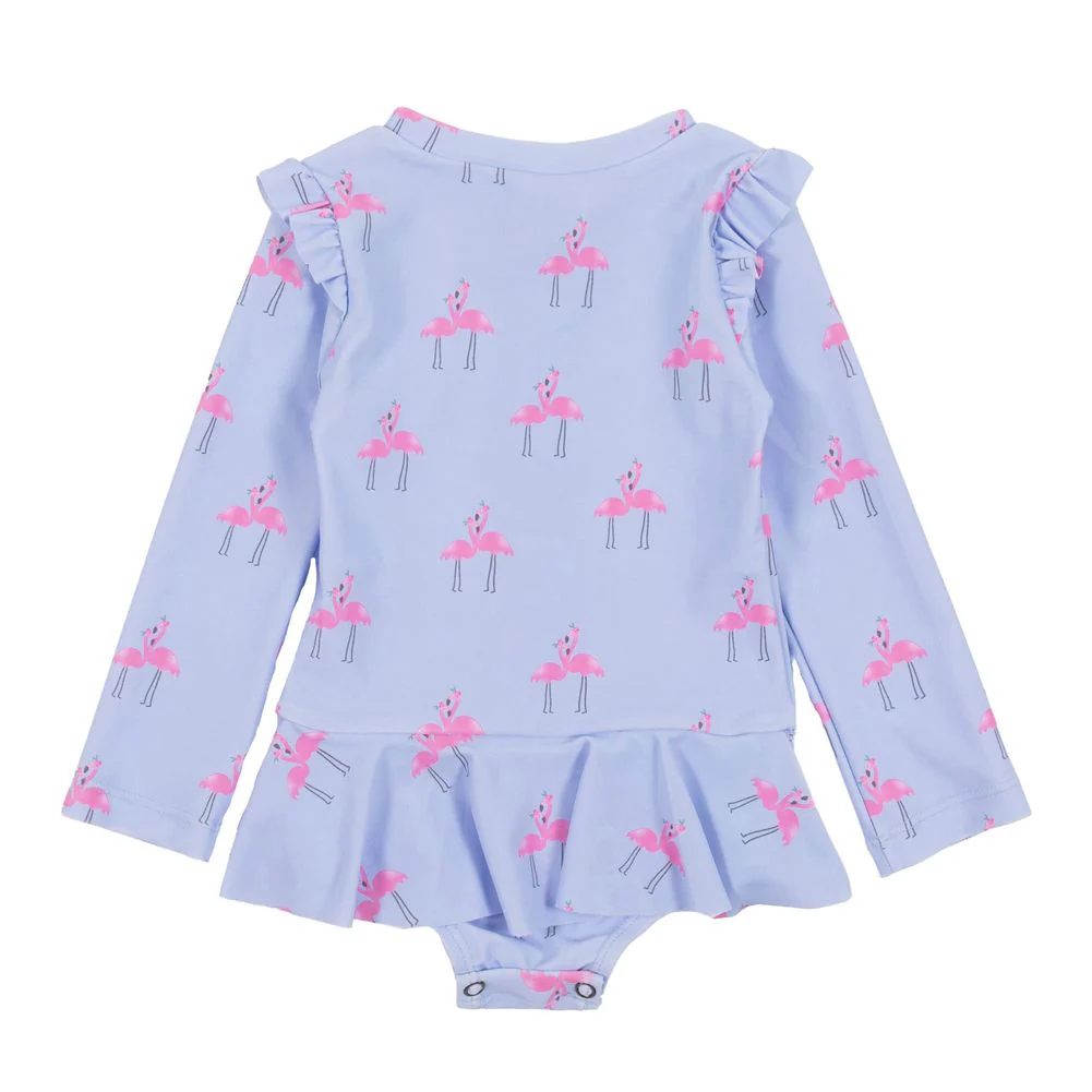 Nano One-Piece Rashguard Girls Swimsuit (UPF 50+) - Pale Blue Flamingos - 3 Years