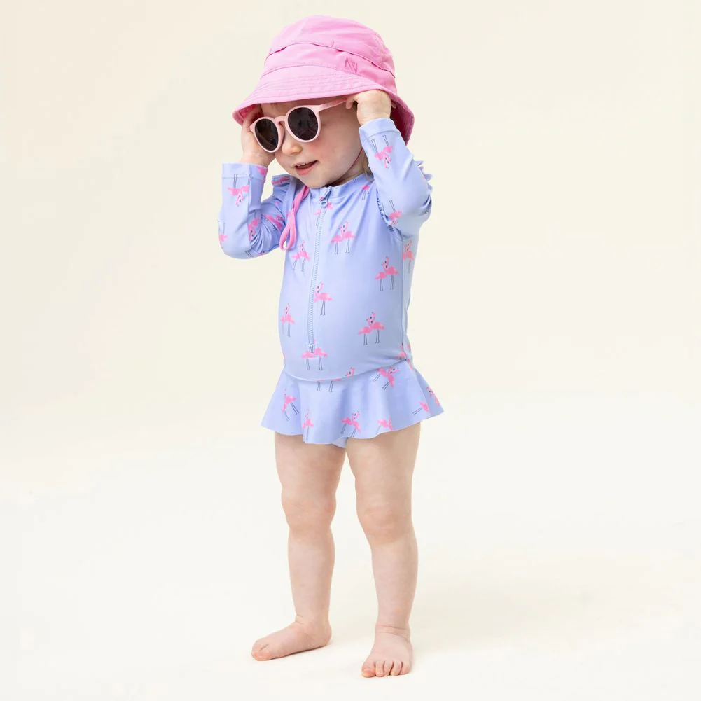 Nano One-Piece Rashguard Girls Swimsuit (UPF 50+) - Pale Blue Flamingos - 3 Years - Image 2