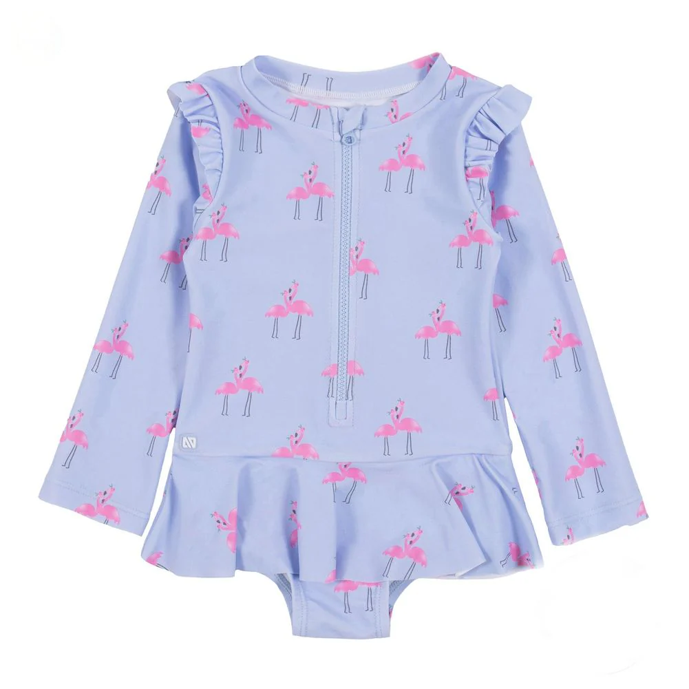 Nano One-Piece Rashguard Girls Swimsuit (UPF 50+) - Pale Blue Flamingos - 3 Years - Image 3