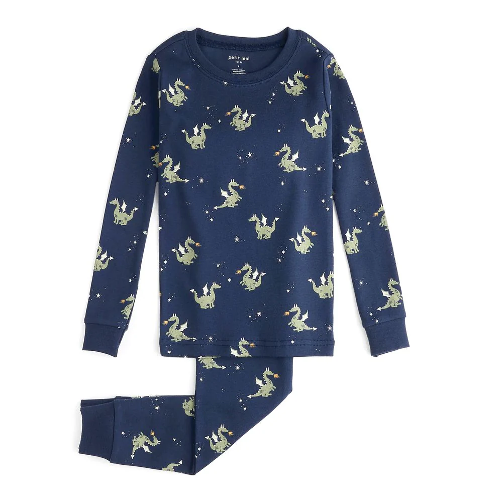 Petit Lem 2-Piece Organic Cotton Ribbed Pajama Set in Dragon Print on Navy Blue - Image 5