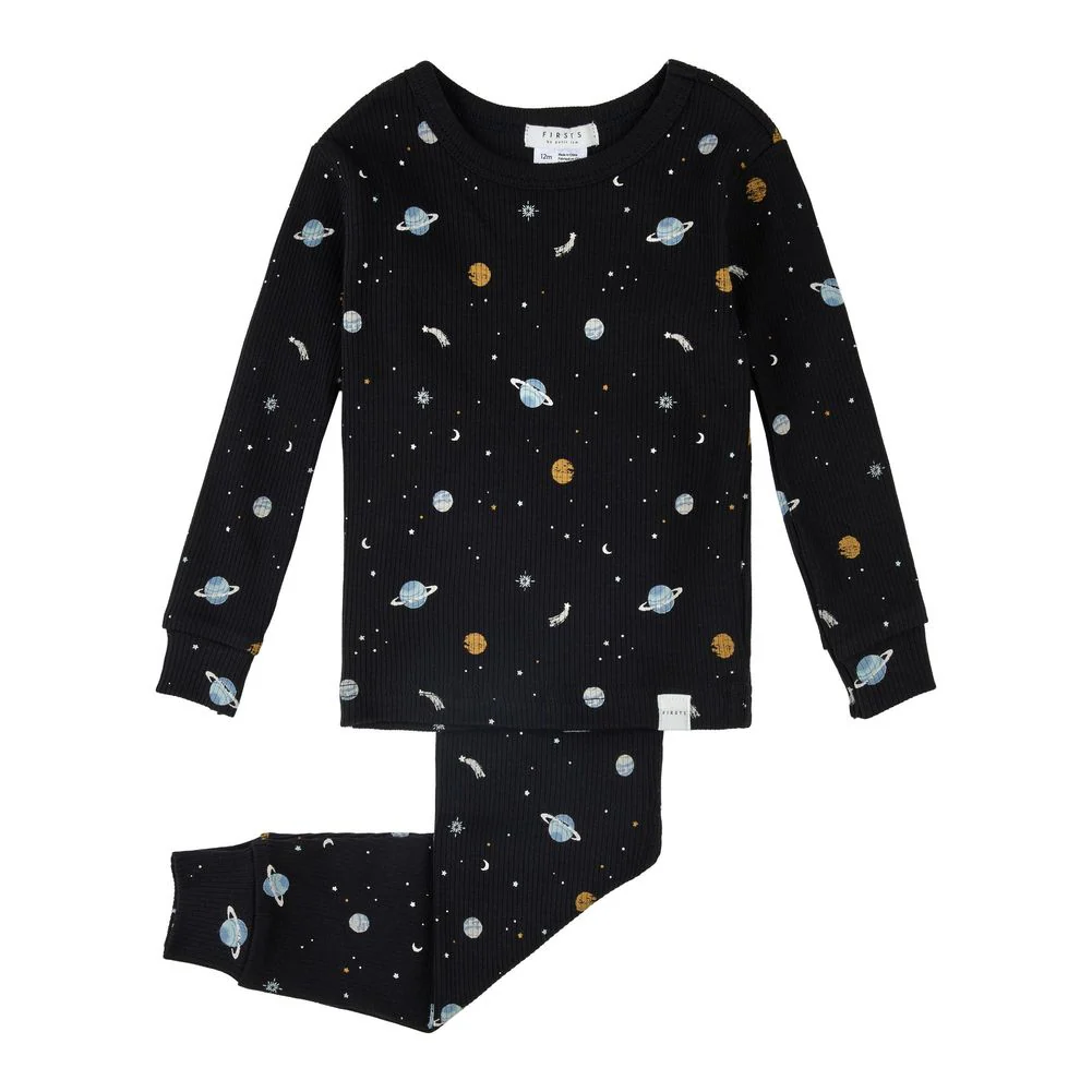 Petit Lem 2-Piece Organic Cotton Ribbed Pajama Set in Galaxy on Black