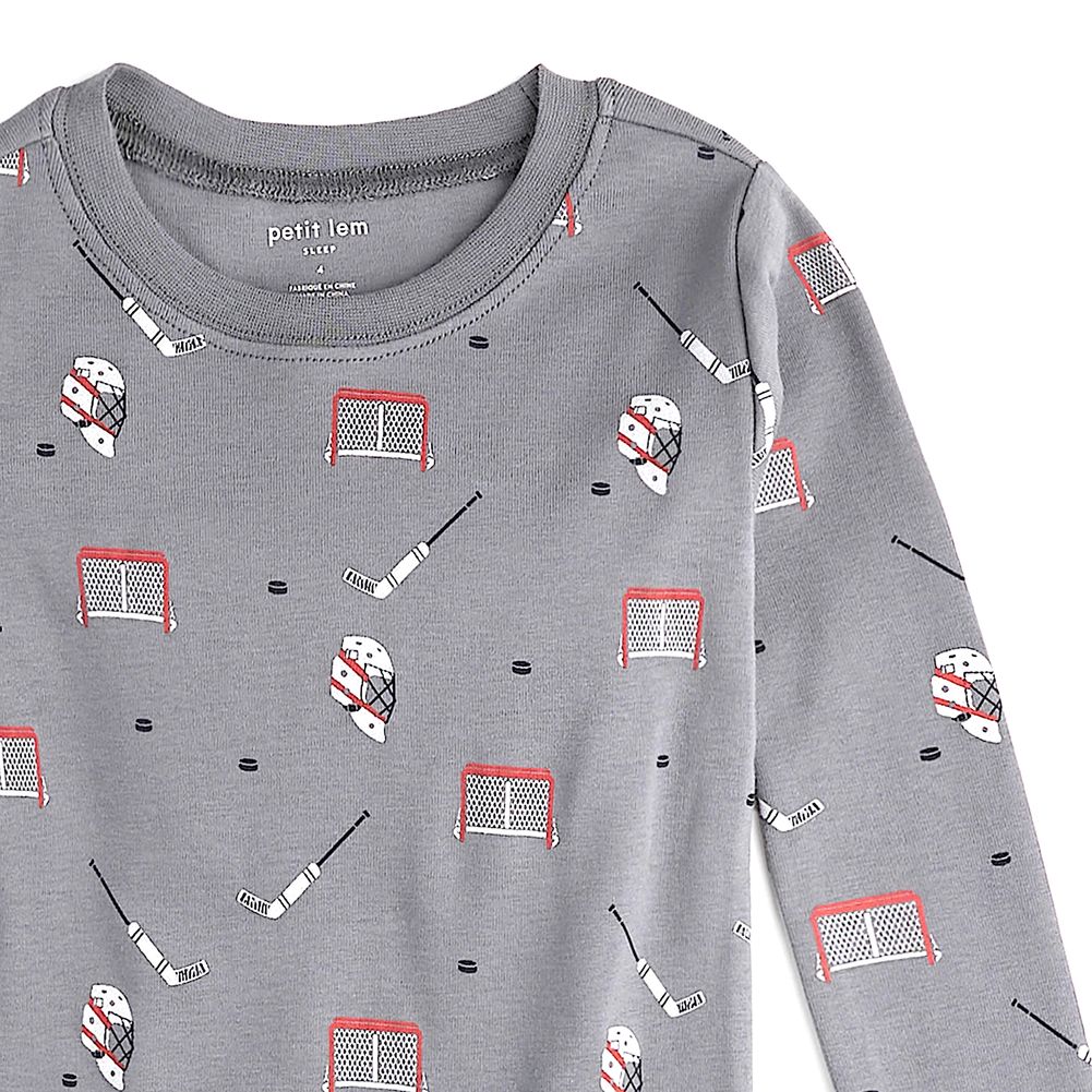 Petit Lem 2-Piece Organic Cotton Ribbed Pajama Set in Hockey Gear Print on Grey - Image 2
