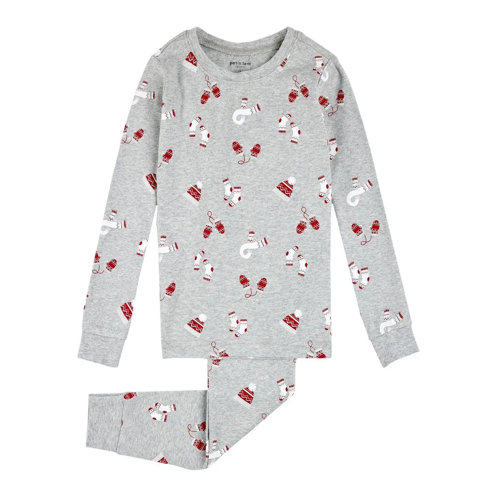 Petit Lem 2-Piece Organic Cotton Ribbed Pajama Set in Knits and Pieces Print on Heather Grey - Image 4