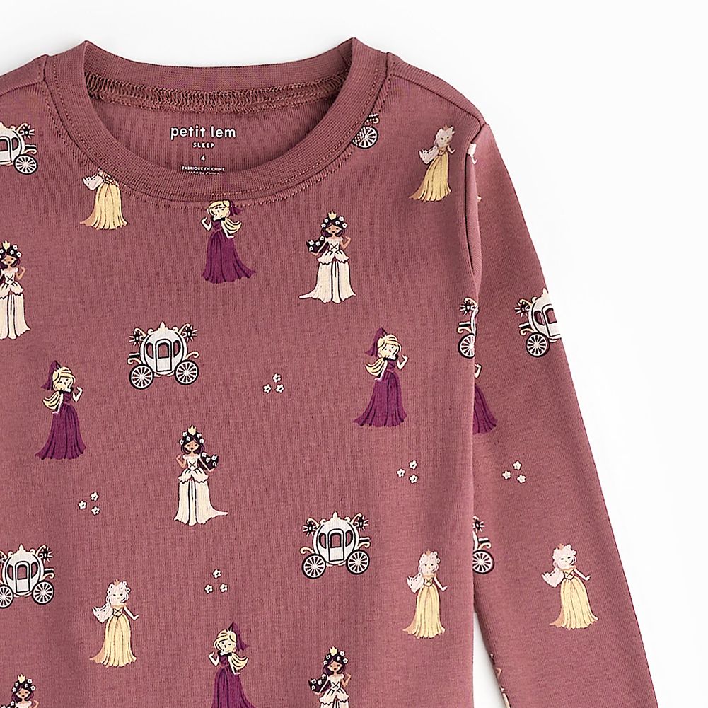Petit Lem 2-Piece Organic Cotton Ribbed Pajama Set in Princess Print on Merlot - Image 2