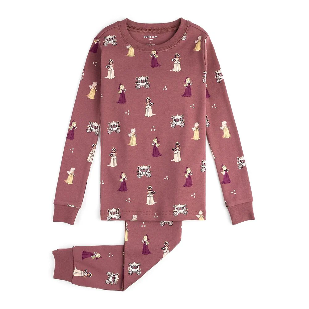 Petit Lem 2-Piece Organic Cotton Ribbed Pajama Set in Princess Print on Merlot - Image 7