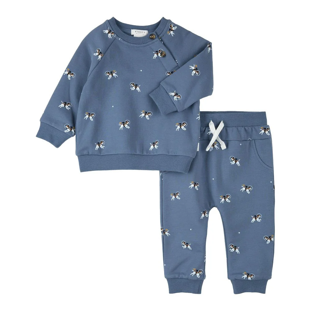 Petit Lem 2-Piece Organic Cotton Ribbed Pajama Set in Space Dog on Blue - Image 6