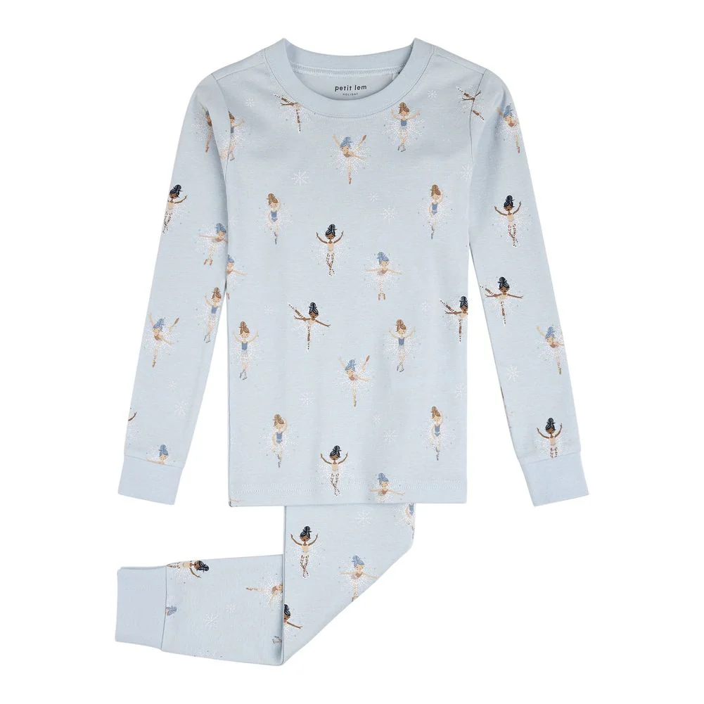 Petit Lem 2-Piece Organic Cotton Ribbed Pajama Set in Sugar Plum Fairy on Ice Blue - Image 3