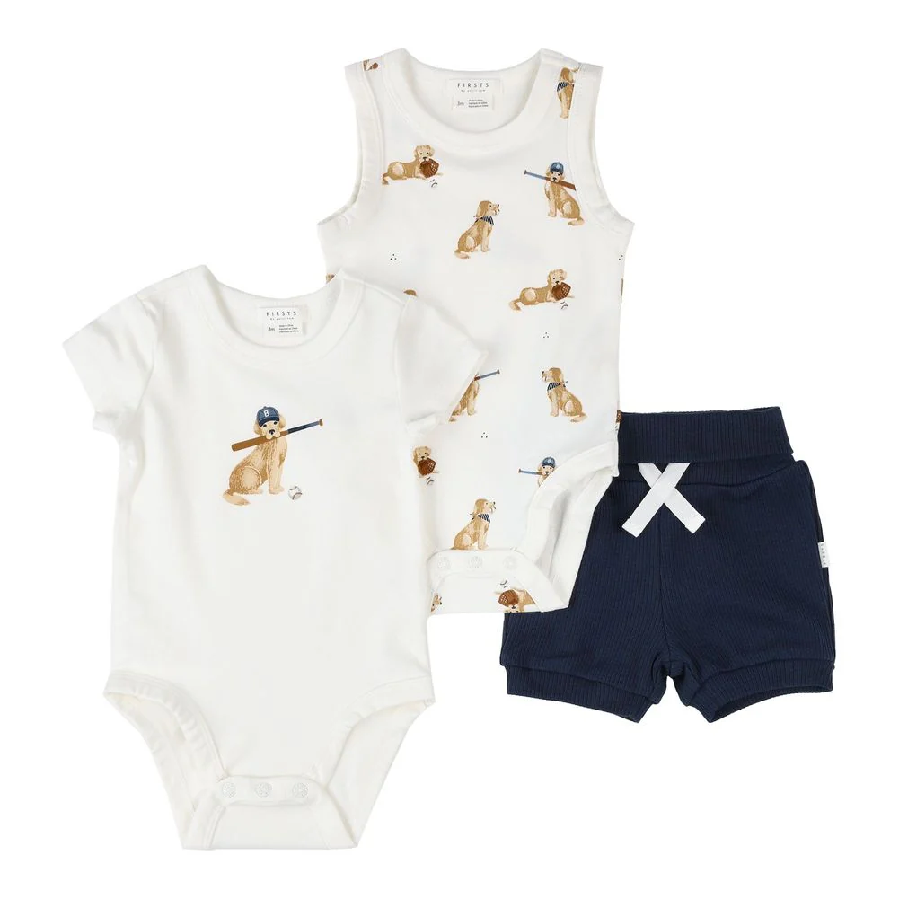 Petit Lem 3-Piece Organic Cotton Bodysuit Set in Baseball Buddy Dog Print - Image 5