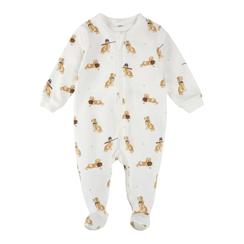 Petit Lem Organic Cotton Footed Sleeper in Baseball Dog Print - Image 4