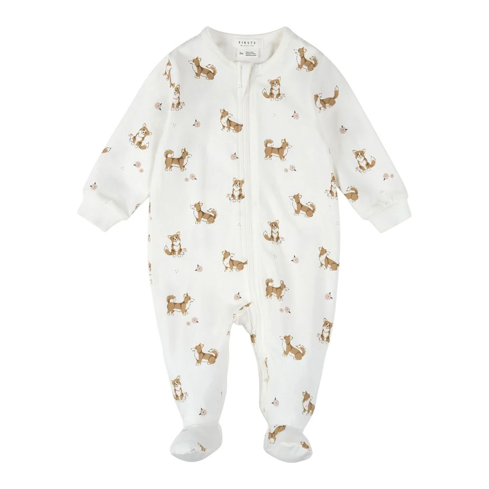 Petit Lem Organic Cotton Footed Sleeper in Corgi Prints on Off-White - Image 4