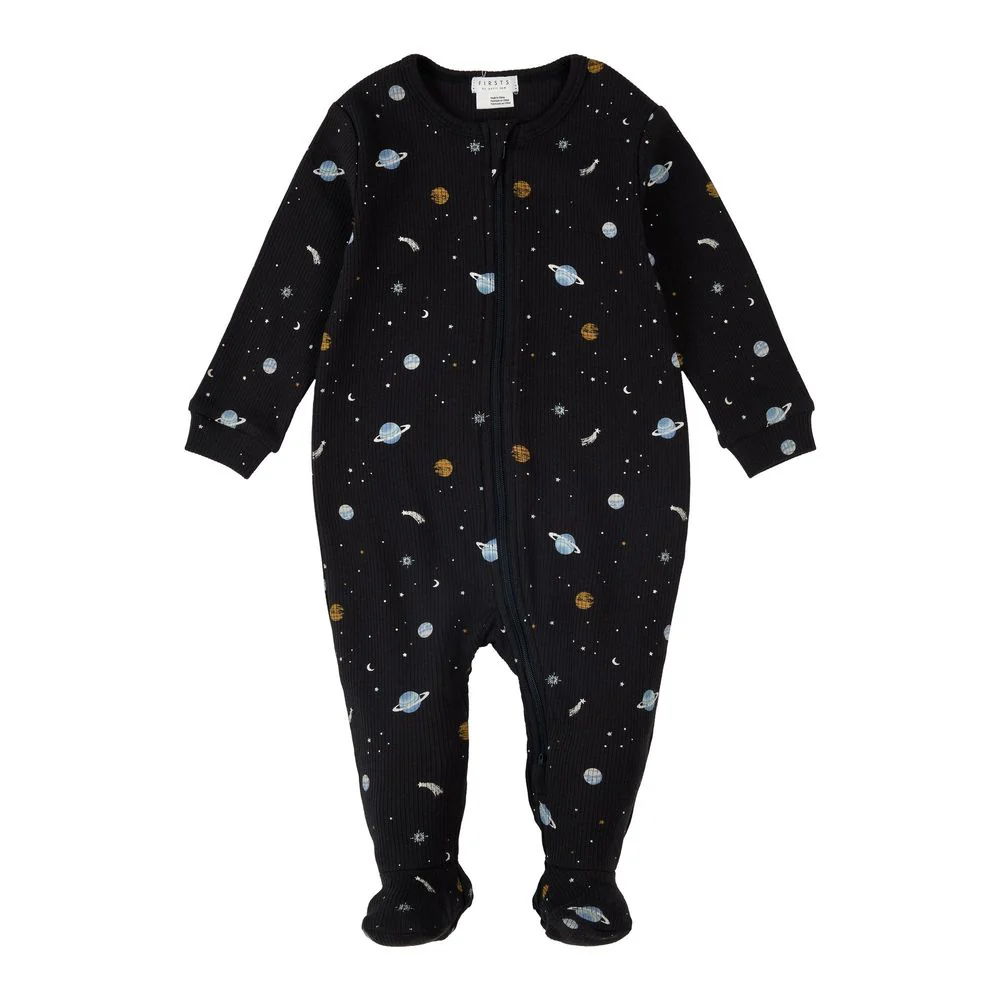 Petit Lem Organic Cotton Footed Sleeper in Galaxy on Black - Image 4