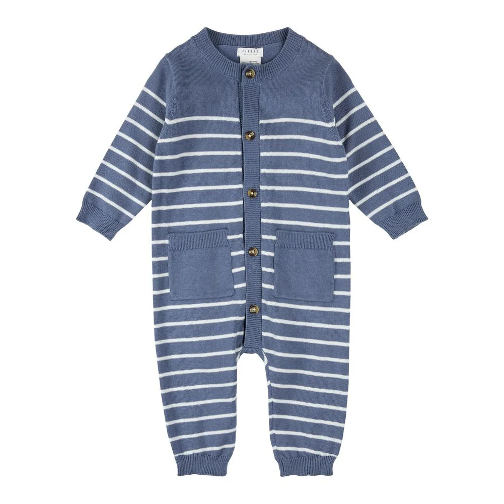 Petit Lem Organic Cotton Knitted Playsuit in Striped Denim Blue - Image 3