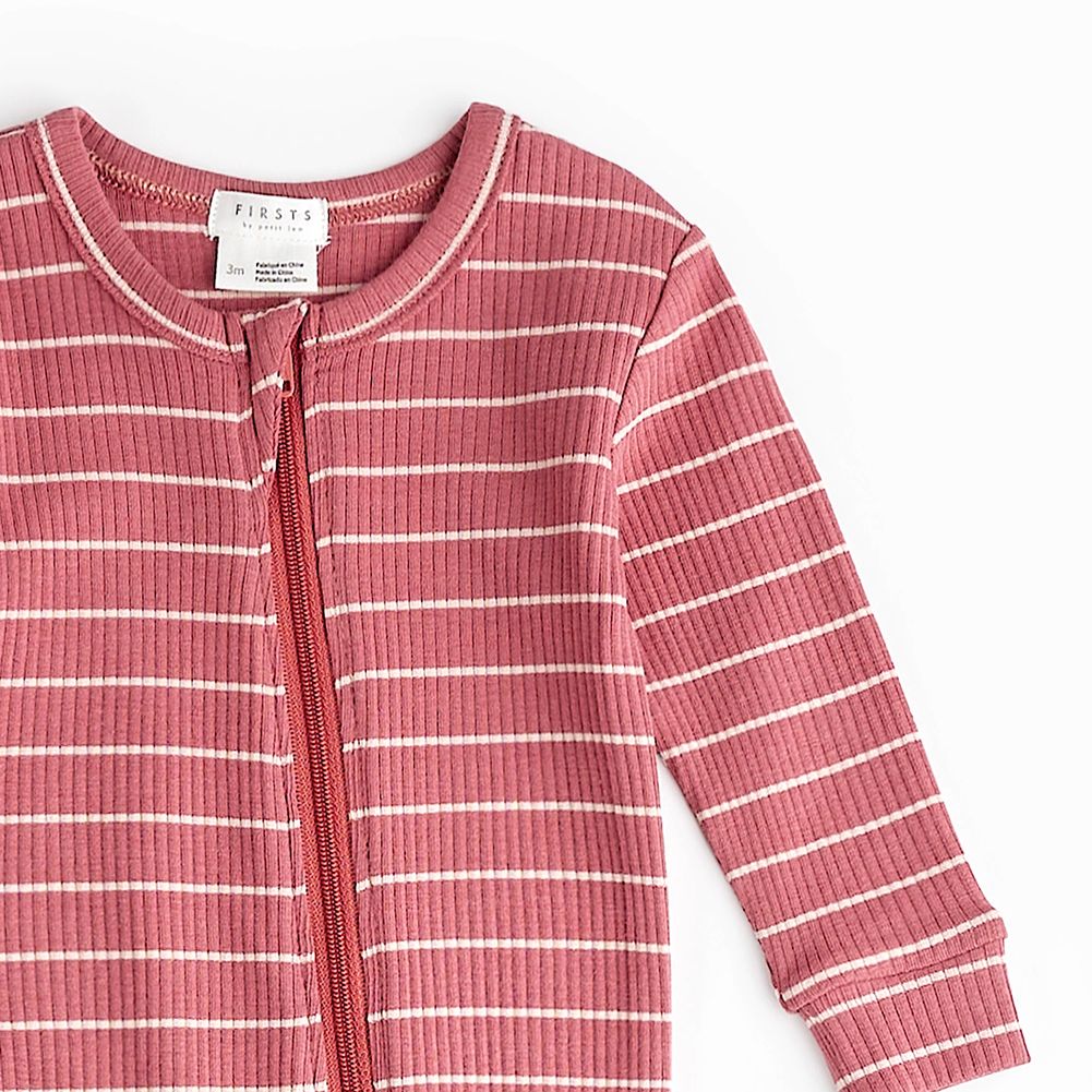 Petit Lem Organic Cotton-Modal Blend Rib Sleeper in Raspberry Striped Pattern - Image 2