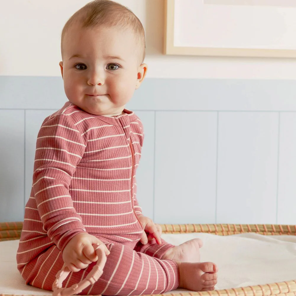 Petit Lem Organic Cotton-Modal Blend Rib Sleeper in Raspberry Striped Pattern - Image 4