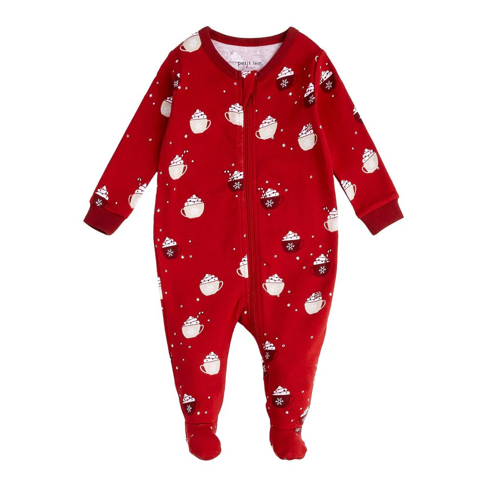 Petit Lem Organic Cotton Ribbed Footed Sleeper in Hot Cocoa on Scarlet