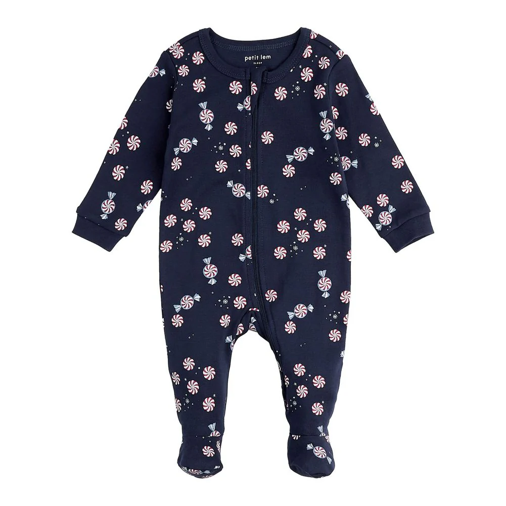 Petit Lem Organic Cotton Ribbed Footed Sleeper in Starlight Spirals on Dress Blue - Image 3