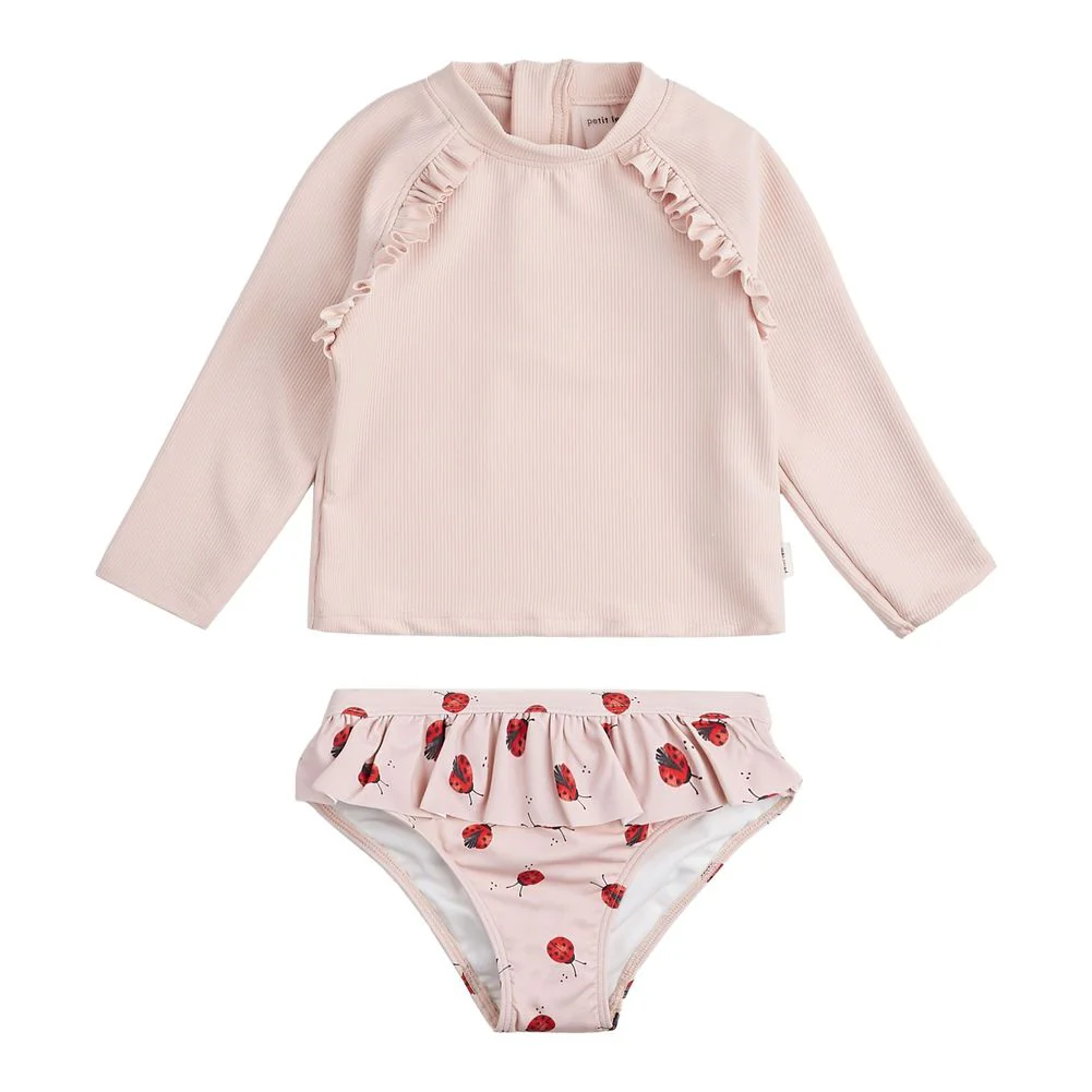 Petit Lem Long Sleeve Rashguard Set with Swim Diaper in Rose/Ladybug Print - Image 3