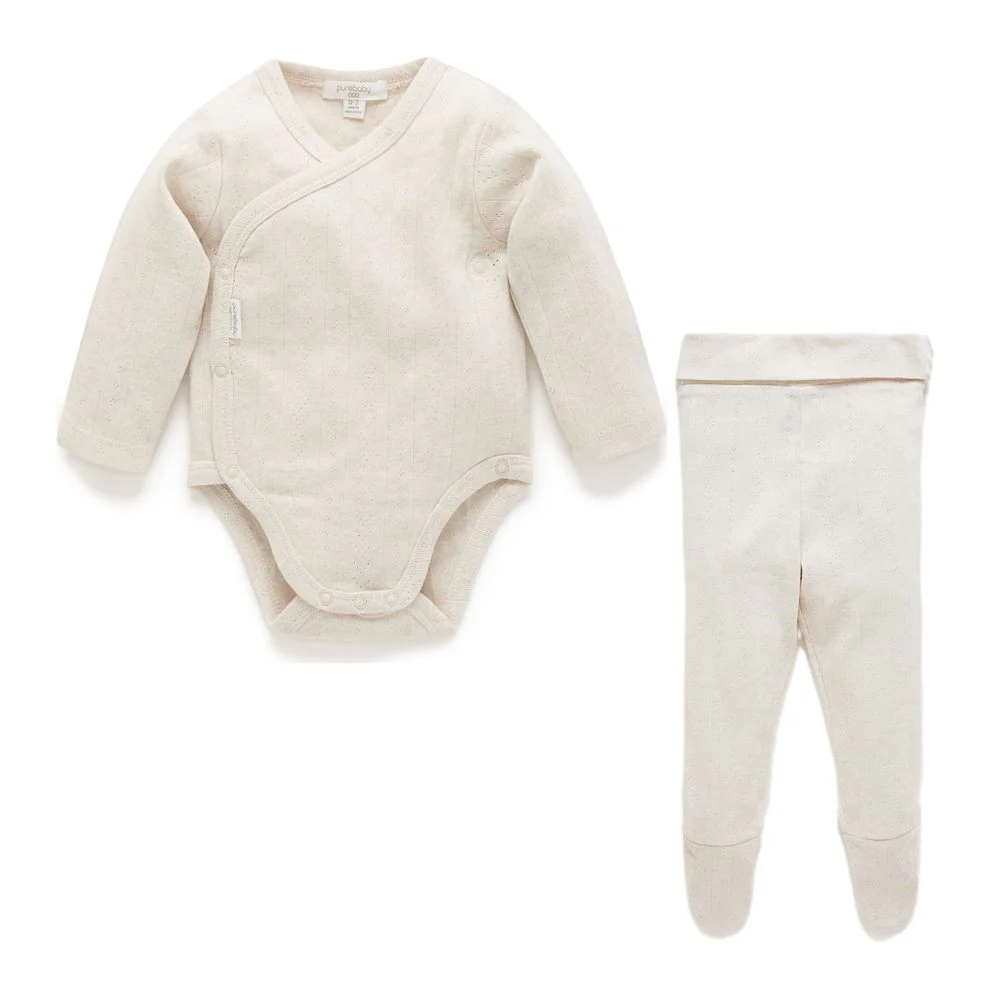 Purebaby 2-Pack Organic Cotton Pointelle Long Sleeve Wrap Bodysuit and Leggings Set