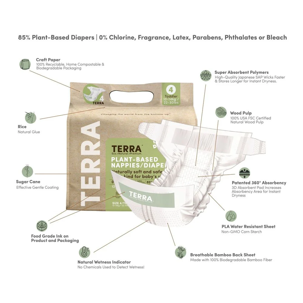 Terra 8-Pack Natural Plant-Based Eco-Friendly Diapers - 144 diapers, 18 count per pack (Size 4, Toddler) - Image 3