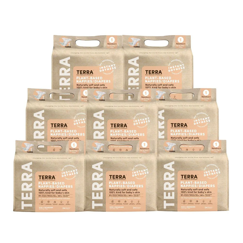 Terra 8-Pack Natural Plant-Based Eco-Friendly Diapers - 192 diapers, 24 count per pack (Size 1, Newborn) - Image 2