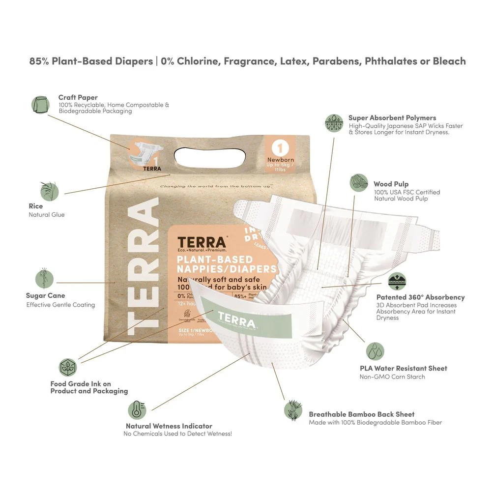 Terra 8-Pack Natural Plant-Based Eco-Friendly Diapers - 192 diapers, 24 count per pack (Size 1, Newborn) - Image 3